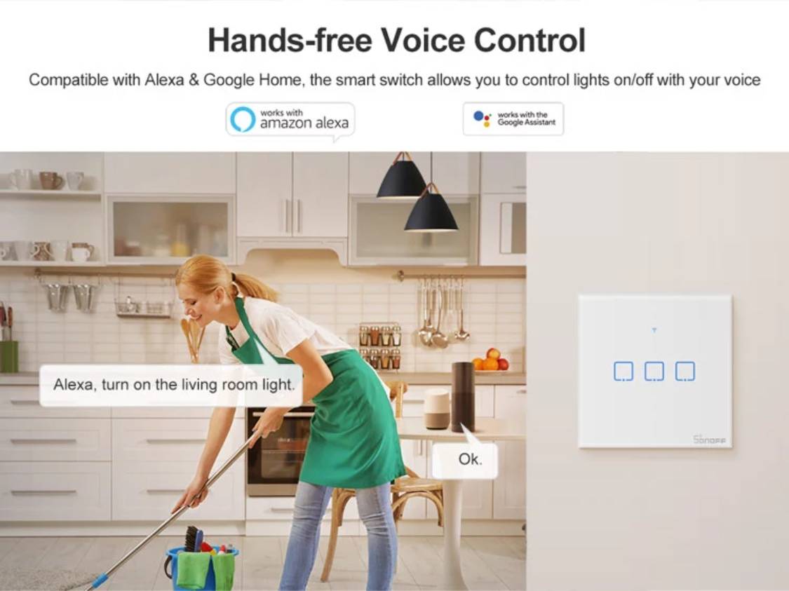 Έξυπνος Διακόπτης Τοίχου WiFi για Φώτα SONOFF T0EU 1C TX - Google Home, Alexa – Λευκό